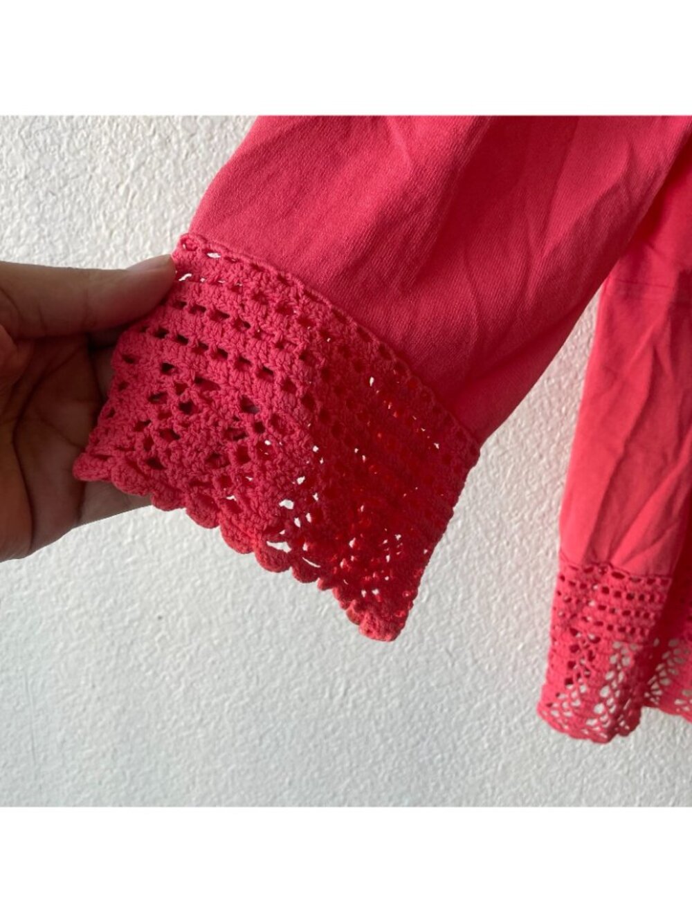 Linda Matthews Women's Button Up Coral Summer Cardigan Plus Size 1X Crochet Trim - Picture 5 of 8